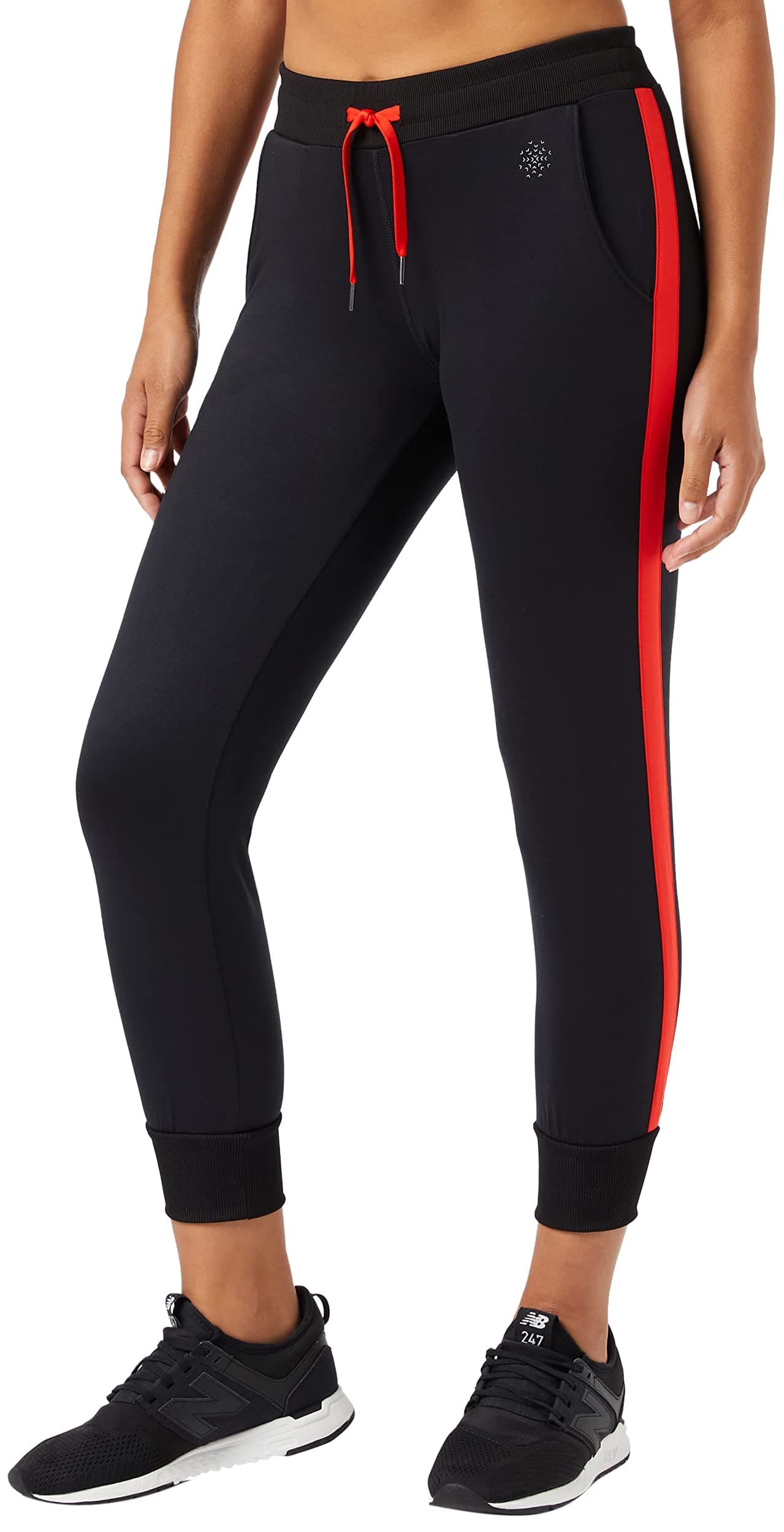 Women's Slim Cropped Jogger Sports Trousers, Black (Black/Sport Red), 44 (Manufacturer Size: X-Large)