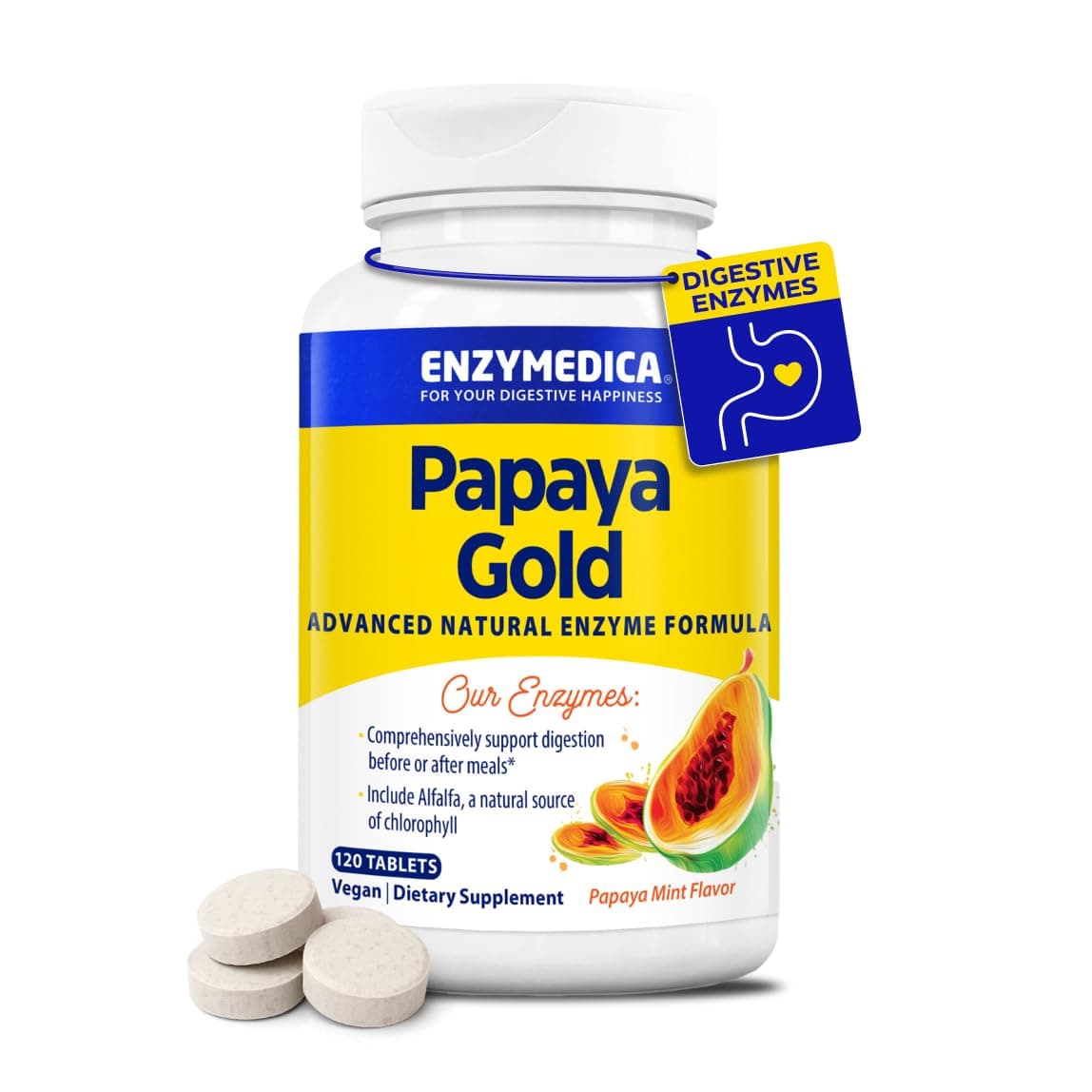 Enzymedica Papaya Gold - Papaya Enzymes Chewable, Digestive Enzyme Supplement for Women and Men, Digestion & Gut Health Support, High Potency Bromelain & Papain, Vegan, Gluten Free - 120 Tablets