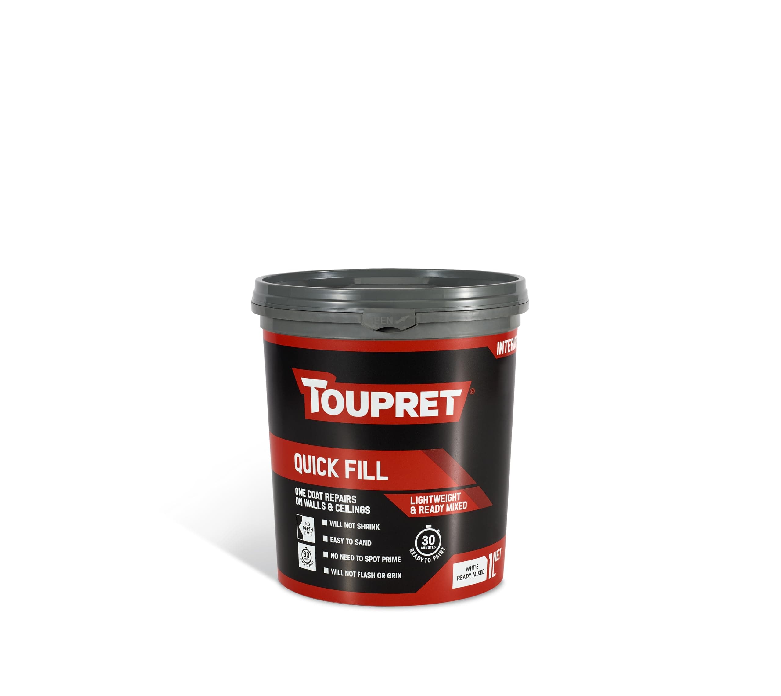 Toupret Quick Fill - Fast-Drying Ready Mixed Interior Filler for Walls & Ceilings - One Coat, No Shrink, No Crack - Quick Wall Repairs, Paint in 30 Minutes - Smooth White Finish - Easily Applied - 1L