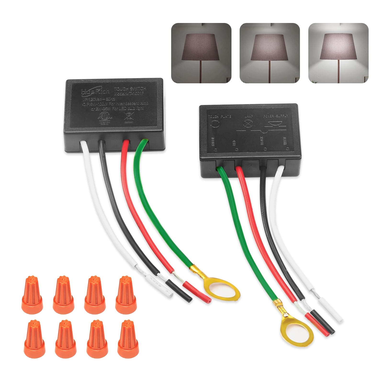 Touch Lamp Switch 2 Pack, Touch Lamp Control Module for Dimmable LED, Incandescent, Halogen Bulbs, Lamp Switch Replacement Kit, Touch Dimmer Sensor with 3 Brightness Levels and Wiring Caps