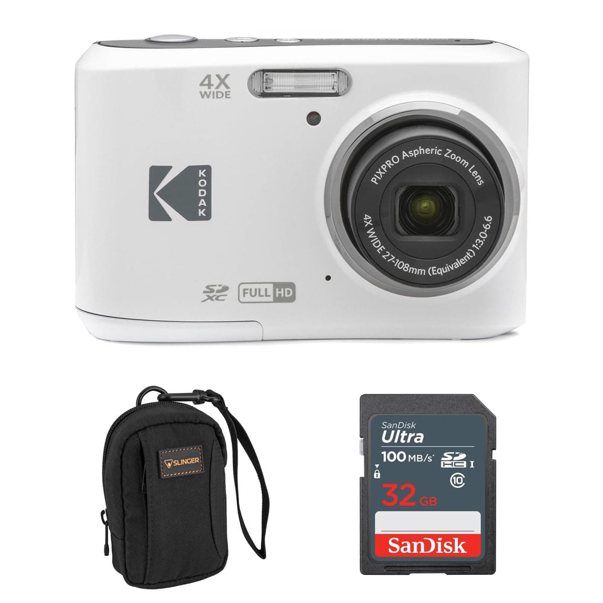 PIXPRO FZ45 Friendly Zoom 16MP Full HD Digital Camera, White, Bundle with 32GB Memory Card and Camera Bag