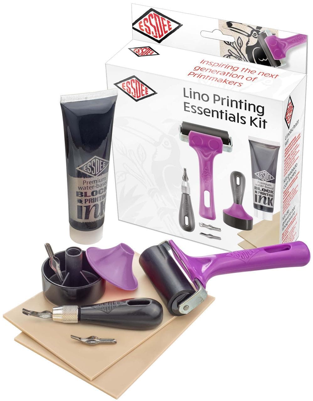 Block Printing Essentials Kit Includes 2 Ink Rollers, 3 Lino Cutters, Lino Handle, Printing Ink and Carving Block || Used in Art, Craft and Carving Stamps || Made in The UK