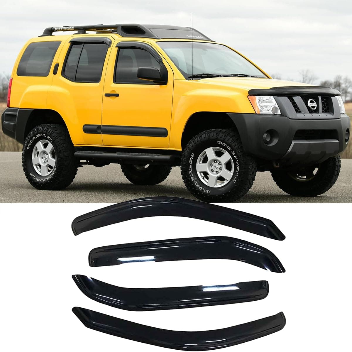 Side Window Wind Deflector,4pcs Out-Channel Tape On Dark Smoke Nice Rain Guards Set, Window Visor fit for 2005-2015 Nissan Xterra 94539