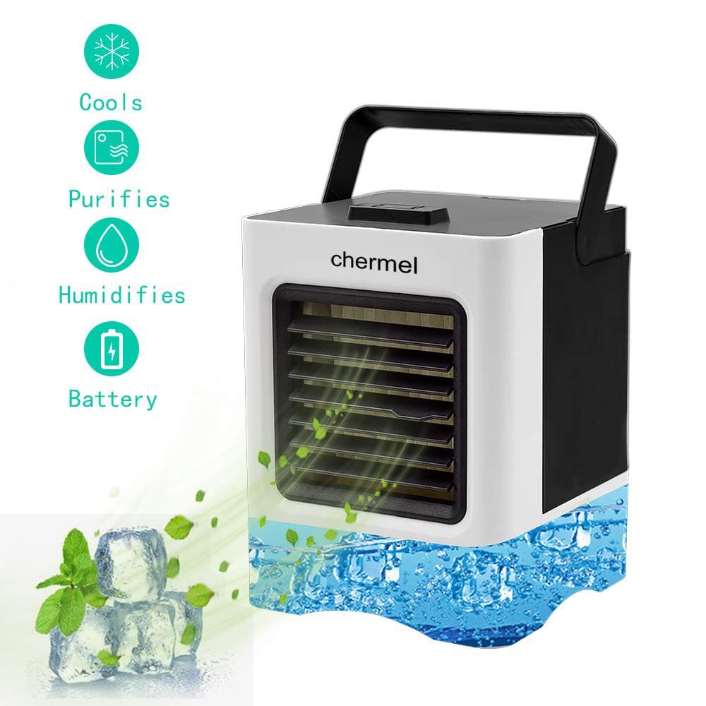 chermel Portable Air Conditioner Fan, Personal Air Cooler, 3 in 1 Mini Evaporative Cooler, Humidifier, Purifier, USB Table Cooling Fan 3 Speeds Ultra-Quiet for Home, Office, Dorm