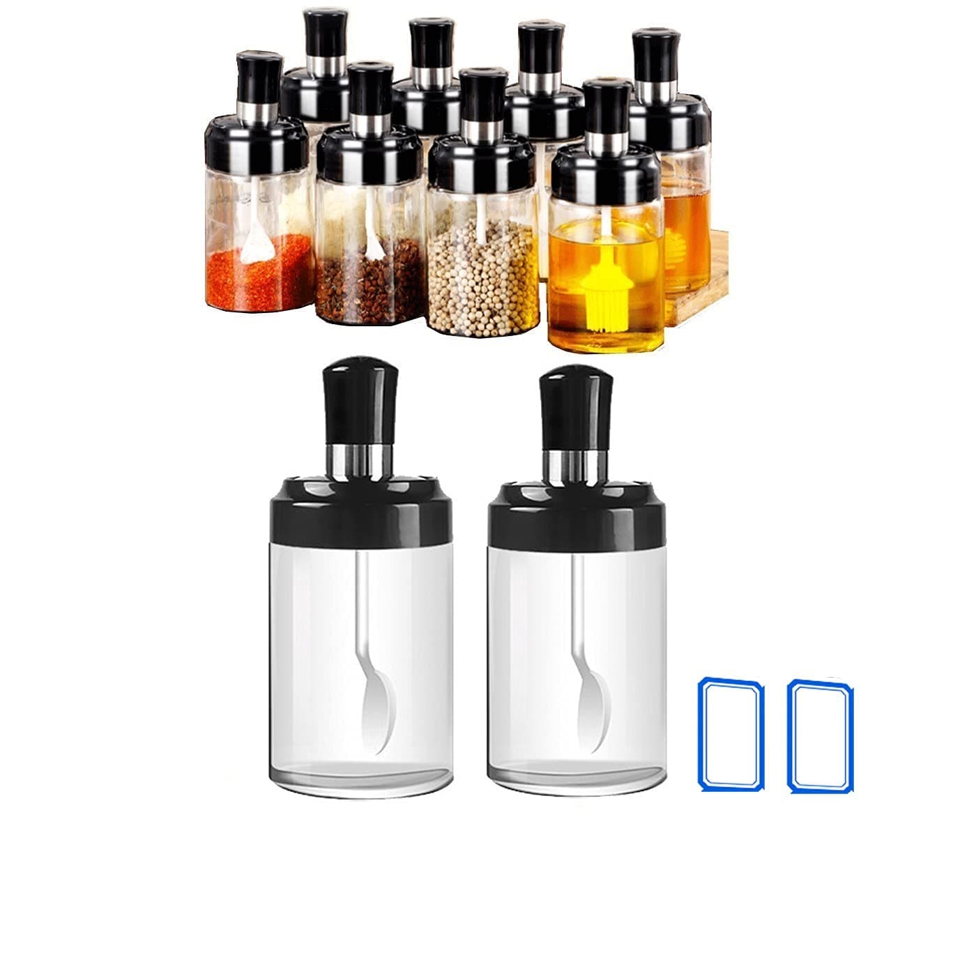 Kitchen Glass Spice Jars Seasonning Box , Condiment Pots Jar Dispenser with Spoons, Airtight Cap Transparent,Drop and high temperature resistant, with label sticker (2 Pcs Spoons)