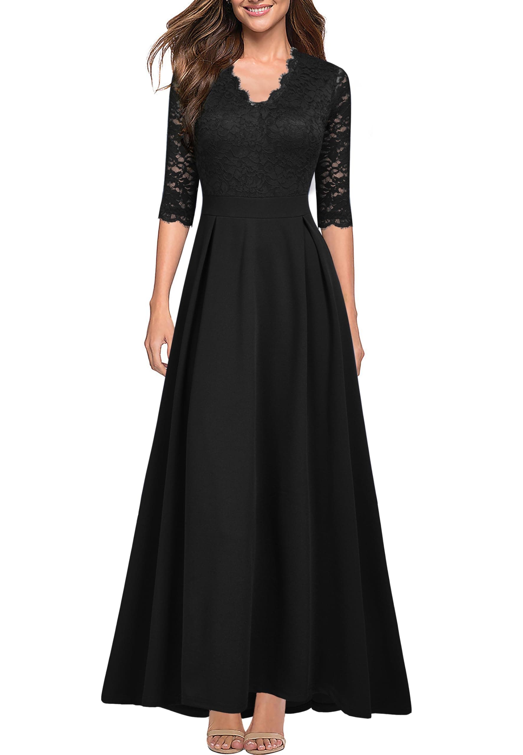 Women's V Neck Lace Vintage Formal Bridesmaid Wedding Long Dress