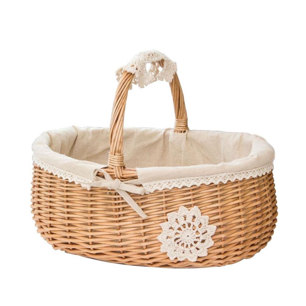 Betteros Handmade Wicker Picnic Basket Wicker Hamper with Handle and Linen Cotton Lining Wicker Laundry Storage Basket for Picnic, Camping, Fruit, Flower Plants, Toys, Newspapers, Photography Props