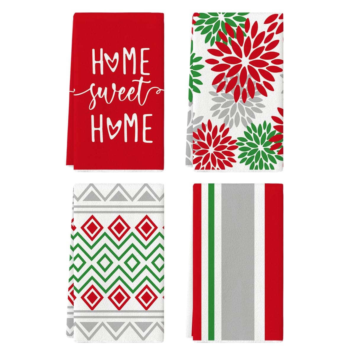 Artoid Mode Red Green Stripes Home Sweet Home Boho Kitchen Towels Dish Towels, 18x26 Inch Winter Xmas Decoration Hand Towels Set of 4