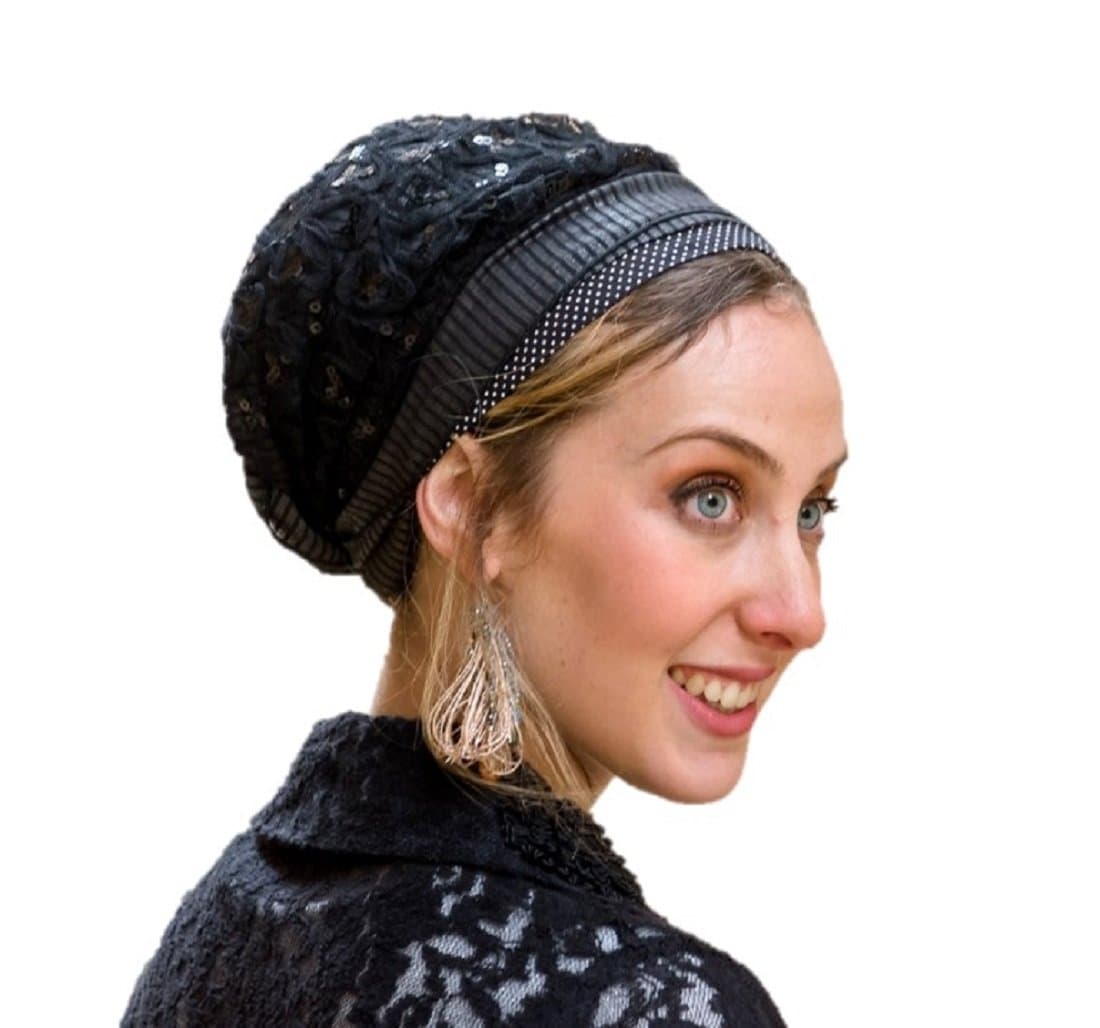 SINAR Tichel Headscarf Full Hair Covering Chemo Hat head scarf One Size Midnight Sparkling Black