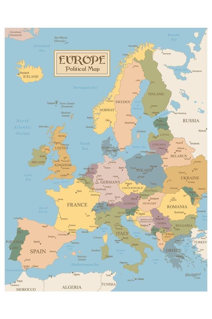 Laminated Map of Europe Poster Vintage European Maps With Countries Cities Travel Political Decor Poster Dry Erase Wall Art 12x18