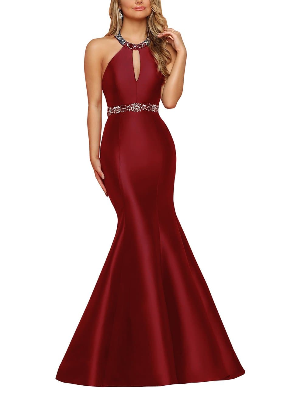 Halter Mermaid Prom Dress Long Beaded Satin Backless Formal Evening Gowns Plus Size Burgundy,22W