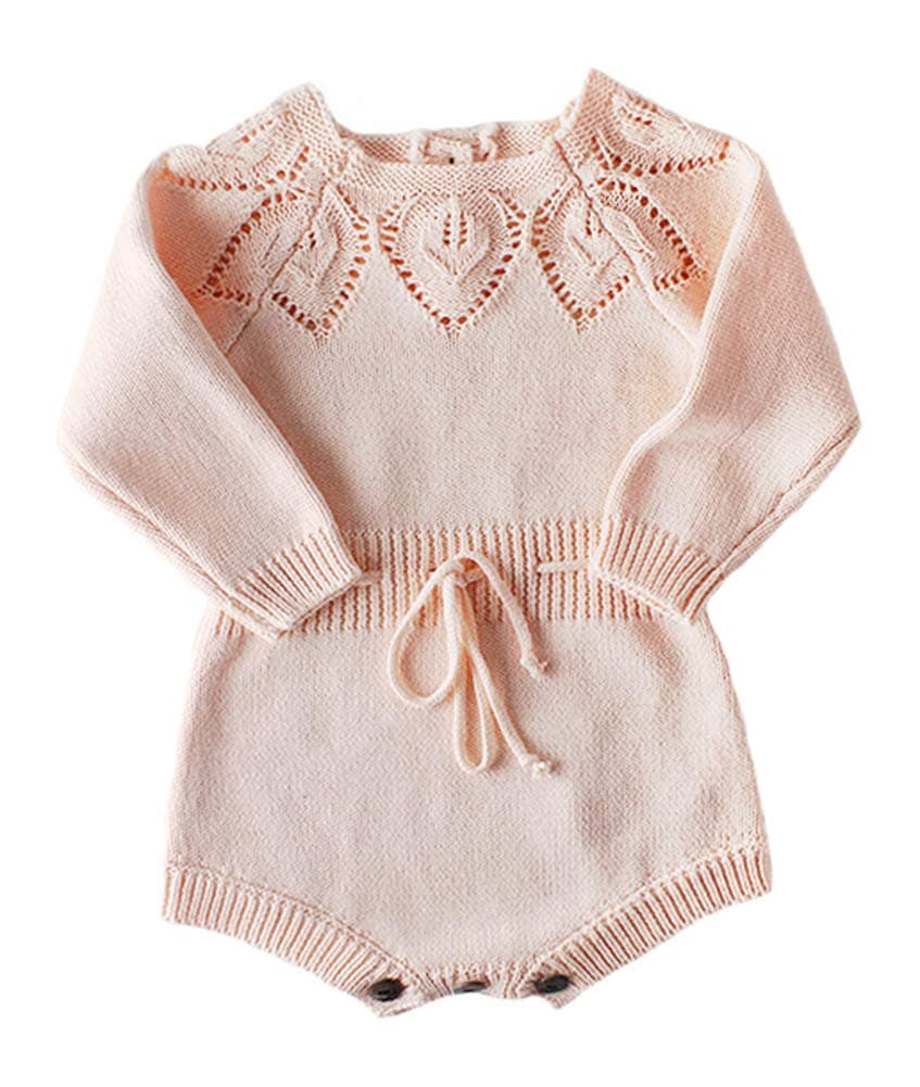 Newborn Baby Girls Cute Knit Strap Romper Leaves Pattern Jumpsuit Bodysuit