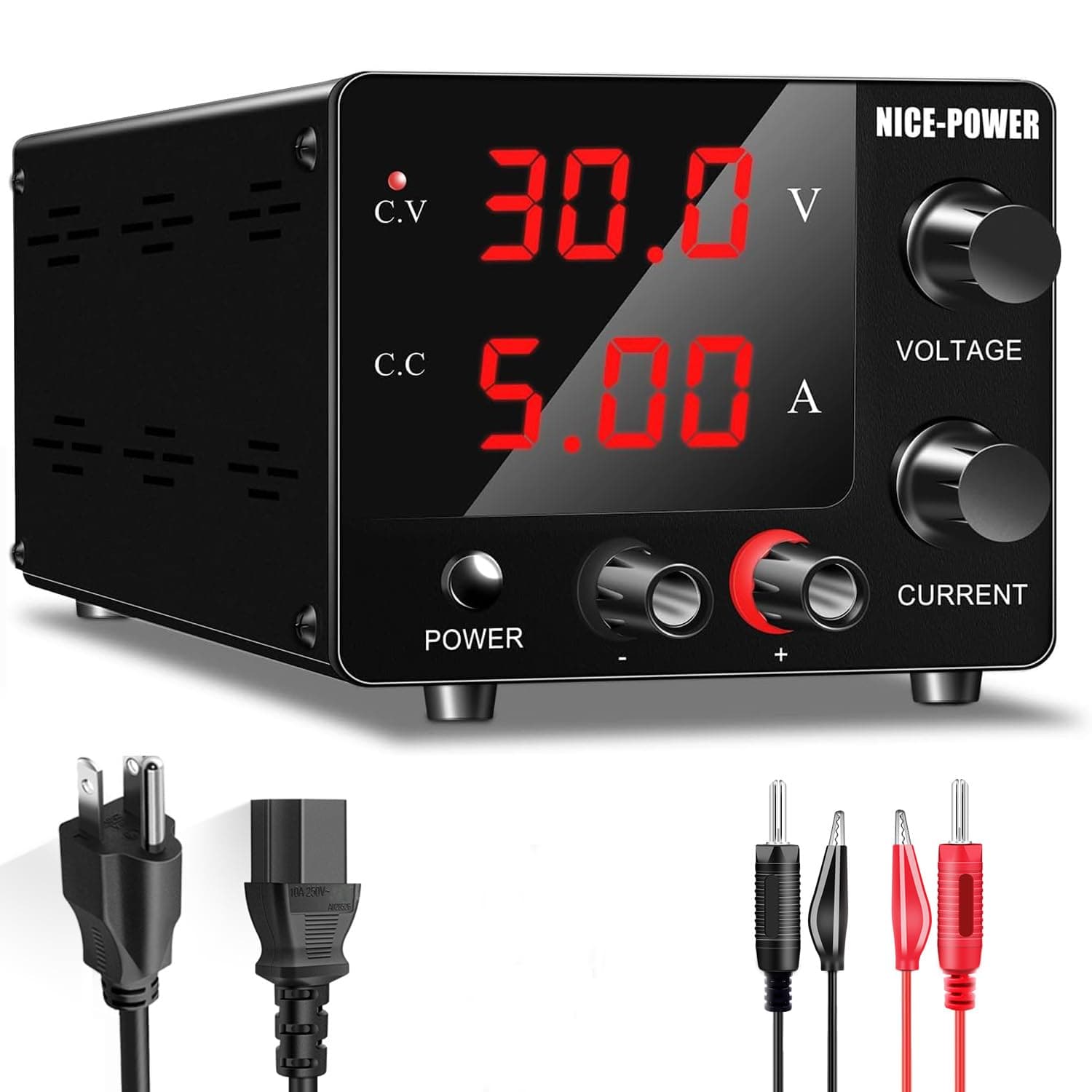 NICE-POWER DC Power Supply Variable, 30V 5A Adjustable Switching Regulated Power Supply with Encoder, Upgraded 3-Digits LED Display, Electroplating DIY LED Test Mini Regulated DC Bench Power Supply