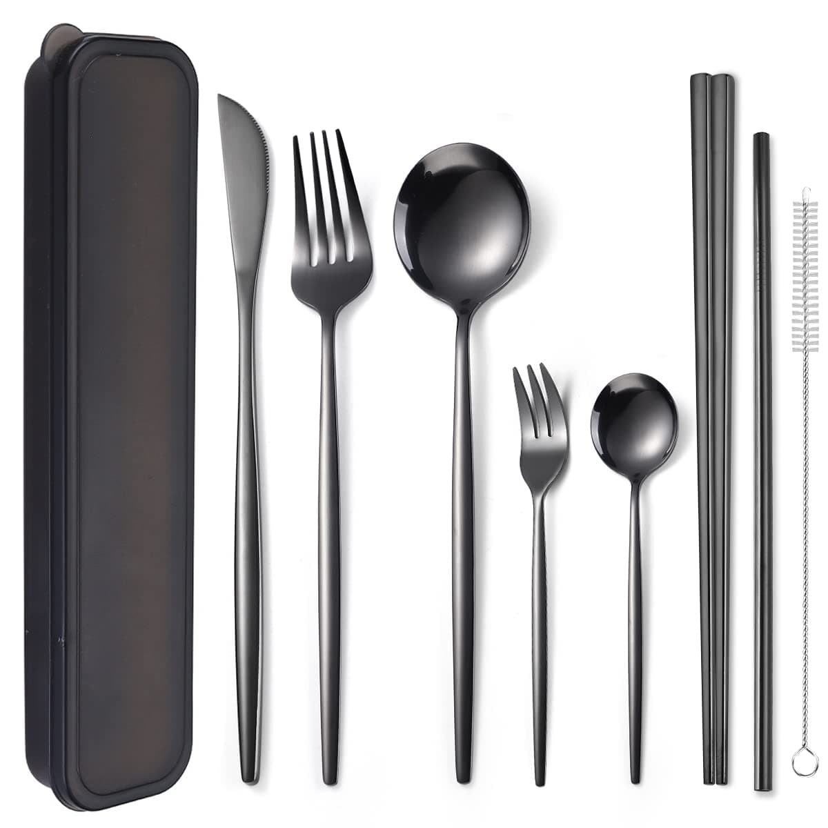 8 Pieces Stainless Steel Flatware Set Portable Reusable Cutlery Set Travel Utensils Set Including Chopsticks Knife Fork Spoon Straws Cleaning Brush Dishwasher Safe (Black)
