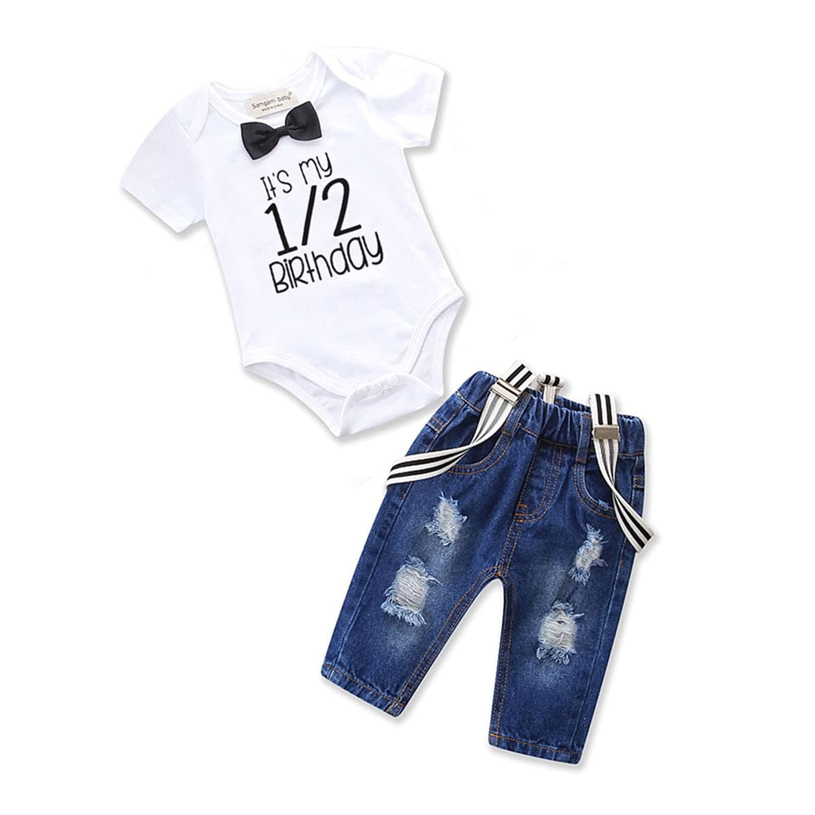 Toddler Baby Boy Birthday Clothes Set Birthday Photo Outfit Bowtie Romper Suspenders Ripped Denim Pants Party Outfits