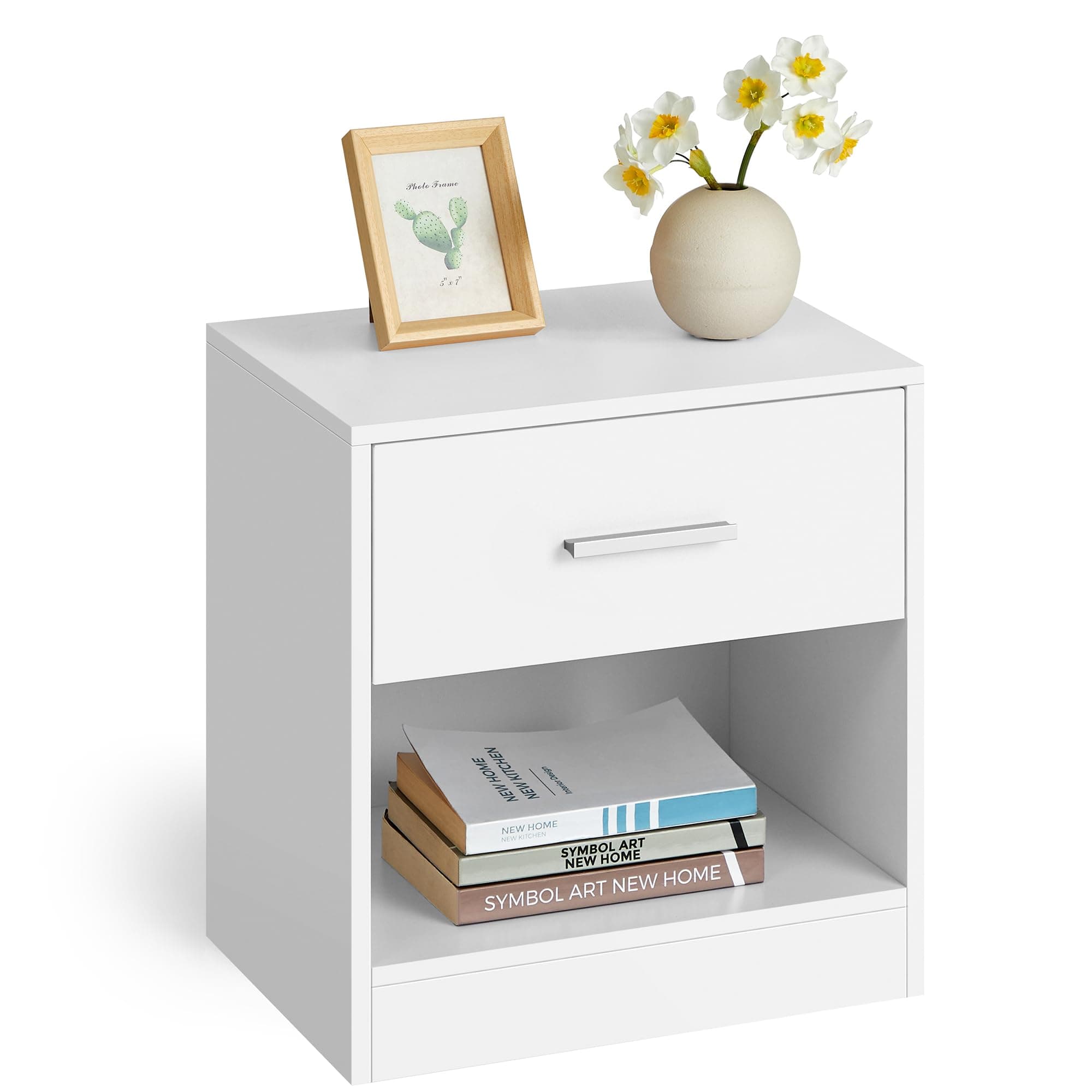 VASAGLE Bedside Table with Drawer, Handle, Open Compartment, for Bedroom, Living Room, Classic White LET619T14