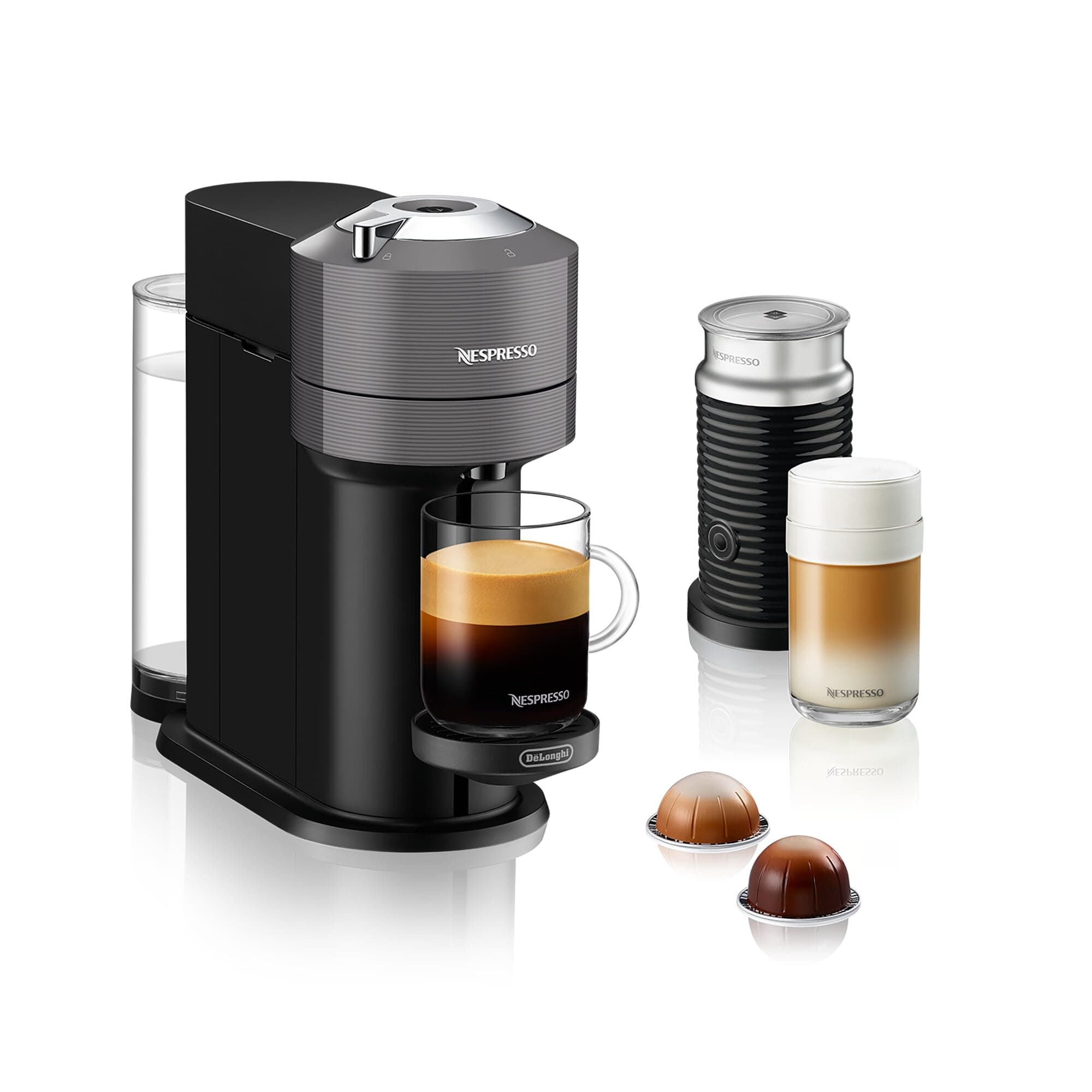 Vertuo Next Coffee Machine by De'Longhi with Aeroccino Milk Frother, Over 30 Varieties of Pods, 6 Coffee Cup Sizes, Latte, Cappuccino, Starter Capsule Set Included, EN120.GYAE, Dark Grey