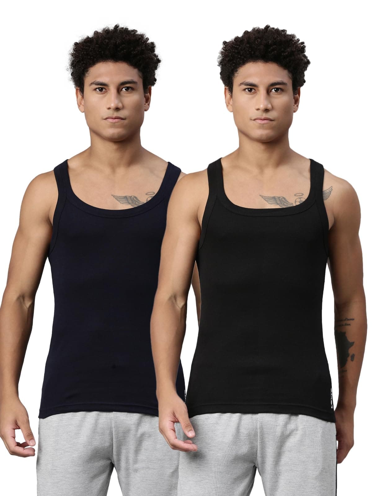 015 Men's Rib Pure Cotton Solid Vest - Square-Neck, Sleeveless Side Branding, Snug fit with Easy Tucked (Pack of 2)