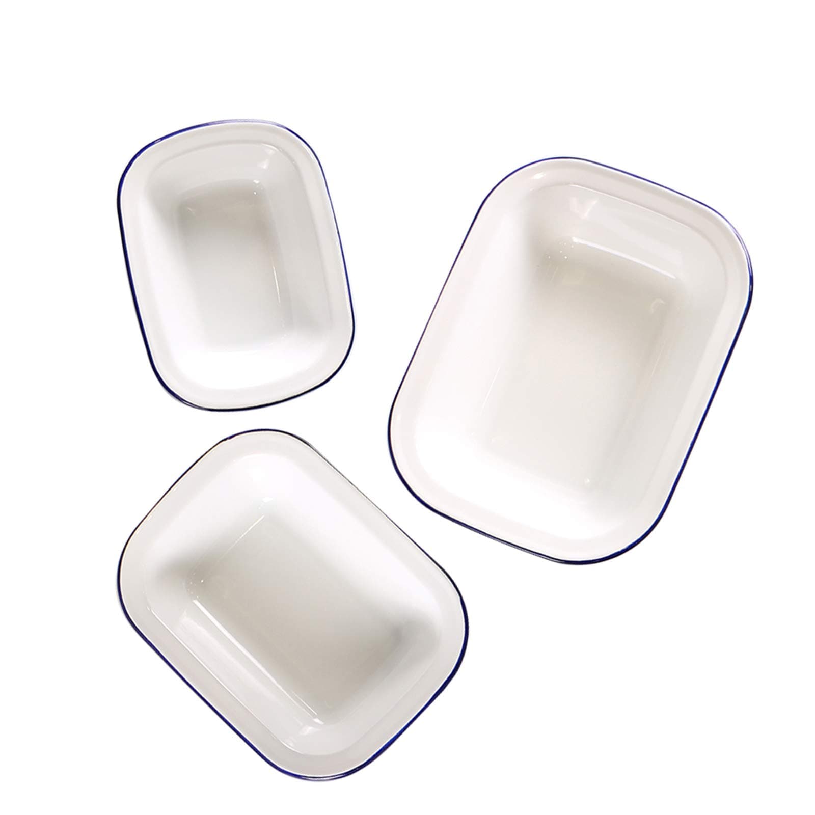 Webake Enamelware Roasting Pan 3-Pack Enamel Baking Set Rectangular Non-stick Roaster Ceramic Cake Pan Food Containers - Solid White with Blue Rim
