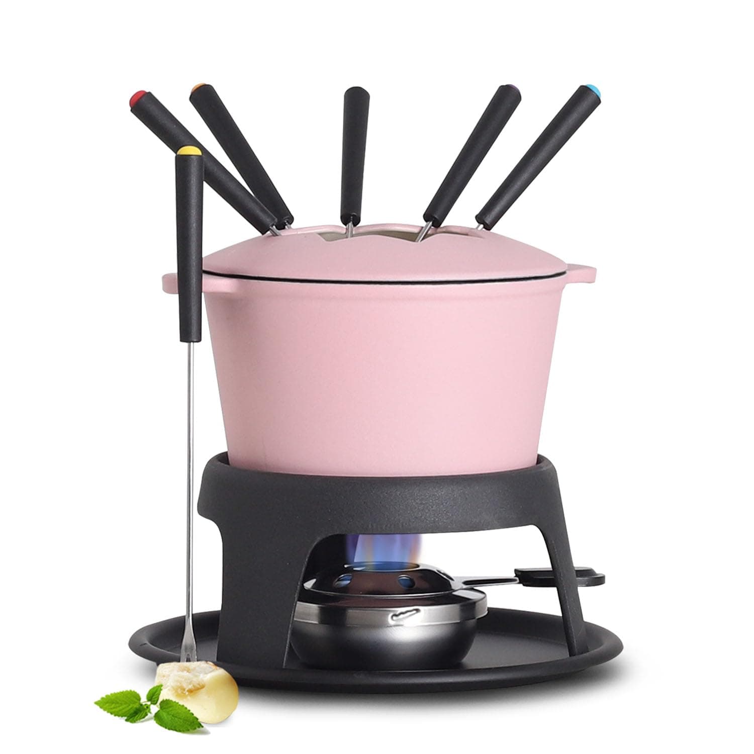 Artestia Cast Iron Cheese Fondue Pot Set Chocolate Fondue Pot Camping Fondue Set with 6 Fondue Forks, 11 Piece Cheese Fondue Set for 6 Servings (Pink)