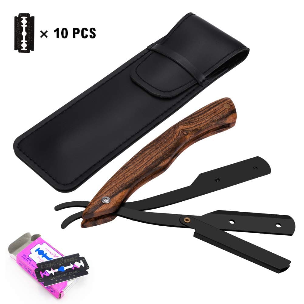 Straight Edge Razors - Straight Razor - Shavette Razor - Natural Wood Shaving Kit, Professional Barber Shaver With 10 Super Stainless Blades