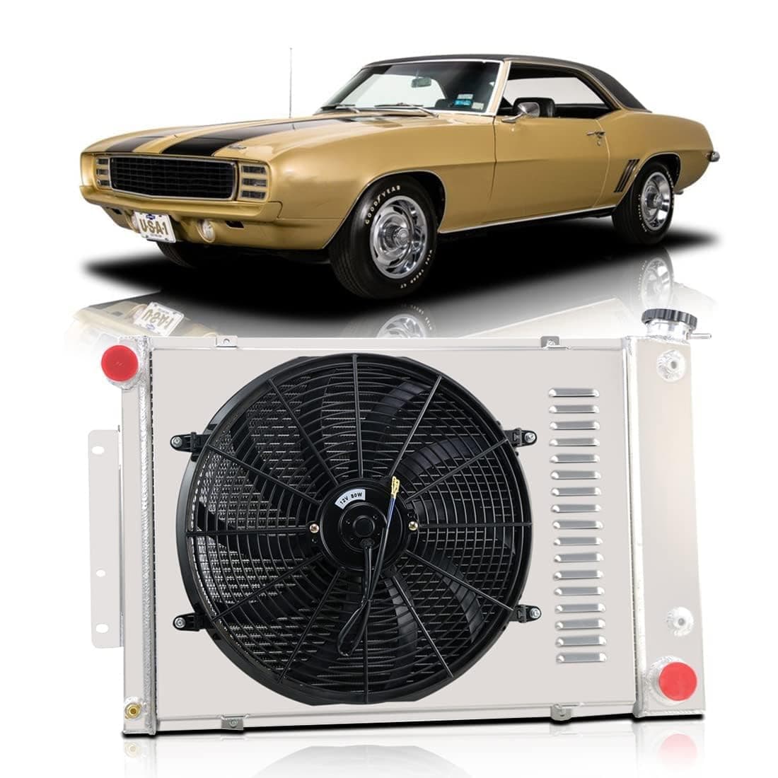 CoolingSky 62MM 4 Row Core Aluminum Radiator & Electric Fan Shroud & Relay Kit for 1967-1969 1968 Chevy Camaro & Firebird Big Block - Direct Replacement