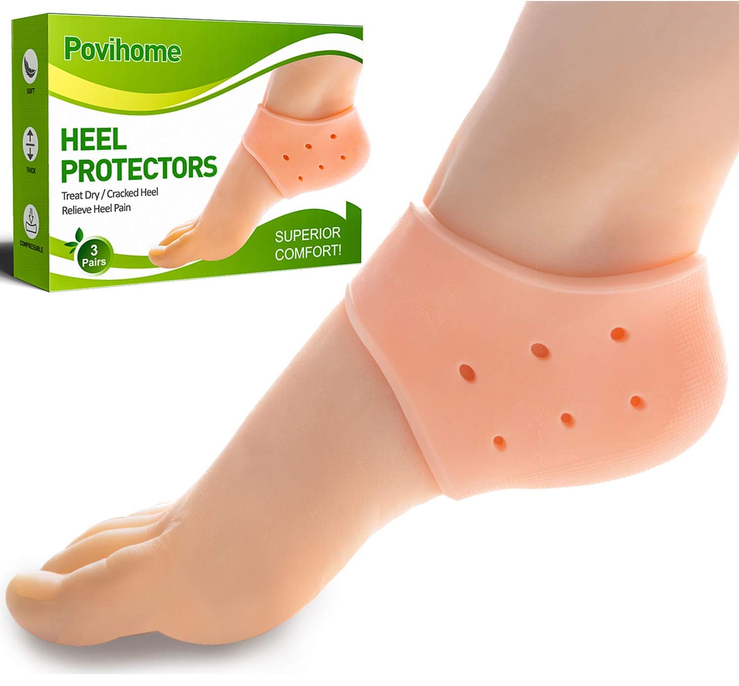 Heel Cushions Protectors, Plantar Fasciitis Inserts (1/5'' Thick), Silicone Heel Pads for Cracked, Dry, Achilles Heels, Heel Pain Relief - 3 Pairs