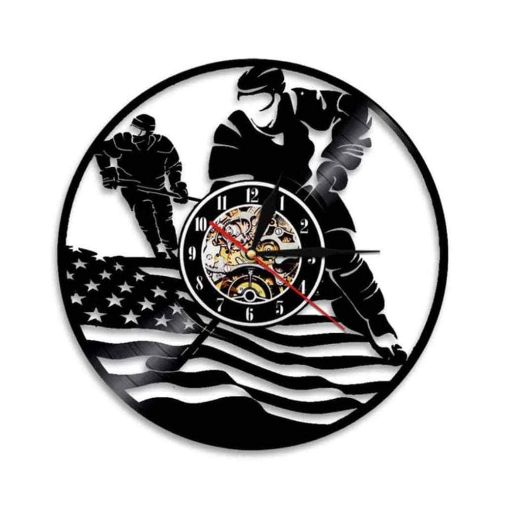 Patriotic USA Flag Hockey Wall Clock American Hockeyist Vinyl Record Wall Clock Ice Hockey Sports Contemporary Home Decor Clock No led