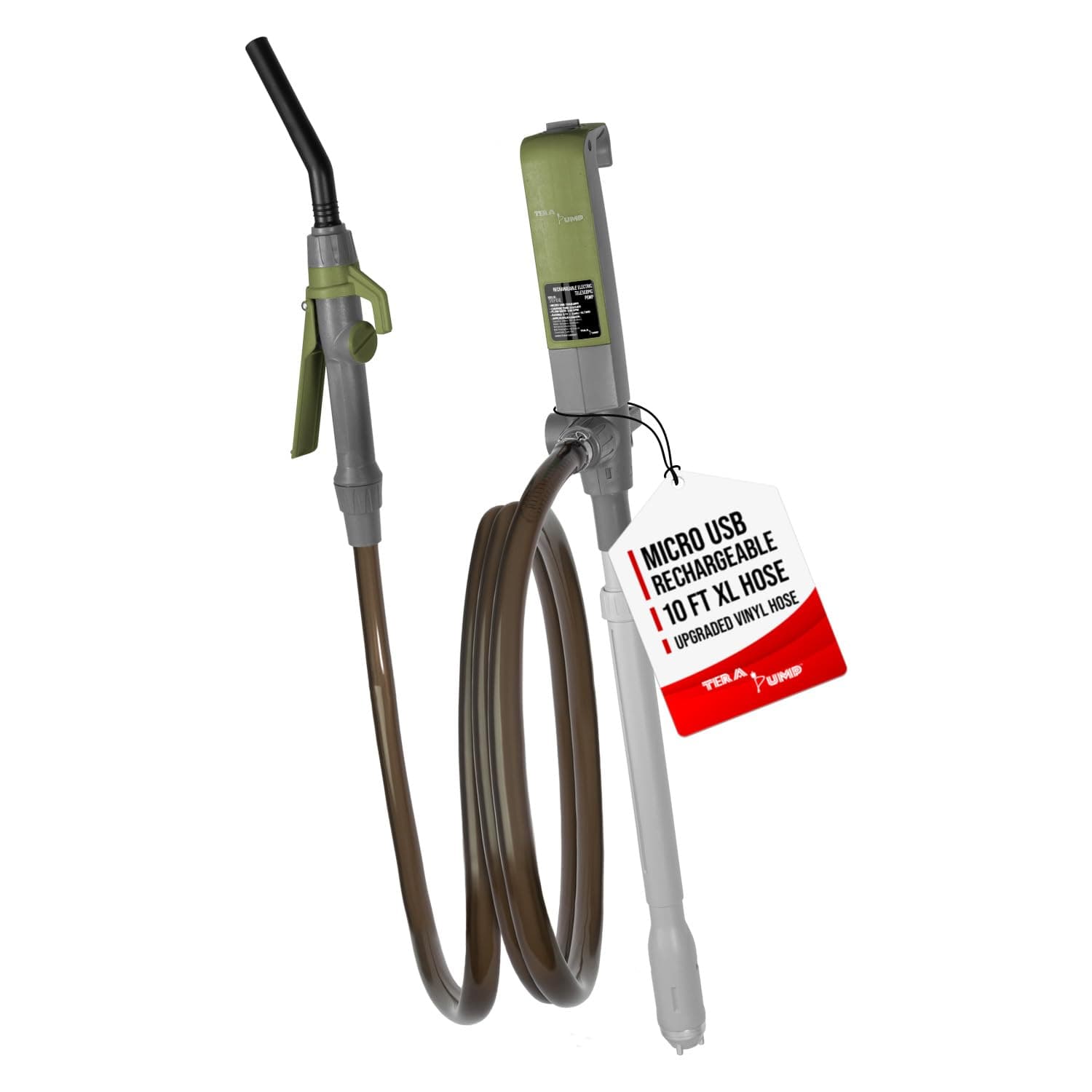 TERA PUMP Fuel Transfer Pump w/Quick Flow Control Nozzle & Telescopic Tube & Powerful Rechargeable Battery, 10FT Discharge Hose, Multipurpose Portable Battery Pump For Gas, Diesel, Water (2.7 GPM)