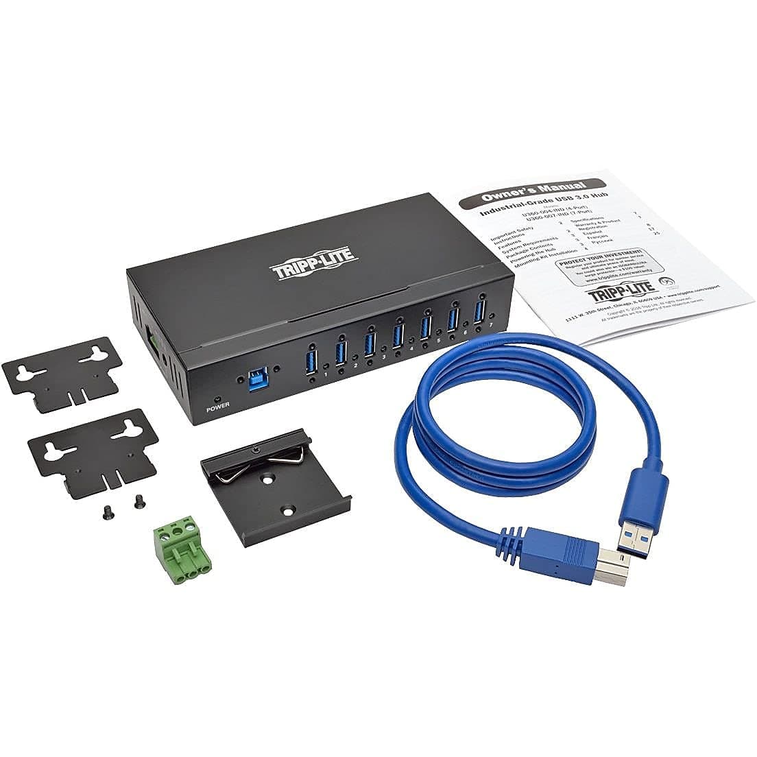 Tripp Lite 7-Port Industrial USB-A 3.0 SuperSpeed Hub with 15KV ESD Immunity, Metal Case, Mountable, USB Type-A (U360-007-IND), Black