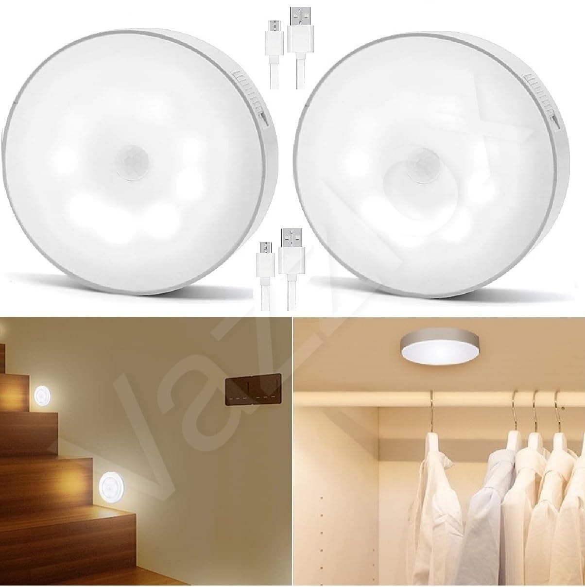 Motion Sensor Light for Home (Pack of 2) with USB Charging Wireless Self Adhesive LED Body Induction Lamp Sensor Light for Wardrobe Lights with Sensor Night Light for Cupboard Stairs (Warm)