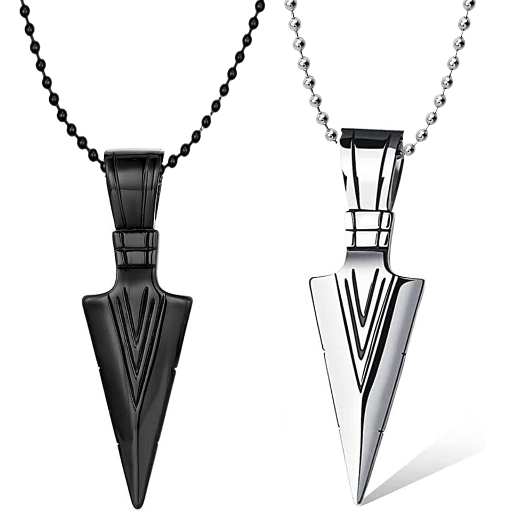 OkosMen's Fashion Jewellery Combo of 2 Rhodium Plated and Black Finish Spear Point Arrowhead Pendant Necklace With Chain For Boys and Men PD1000875COM