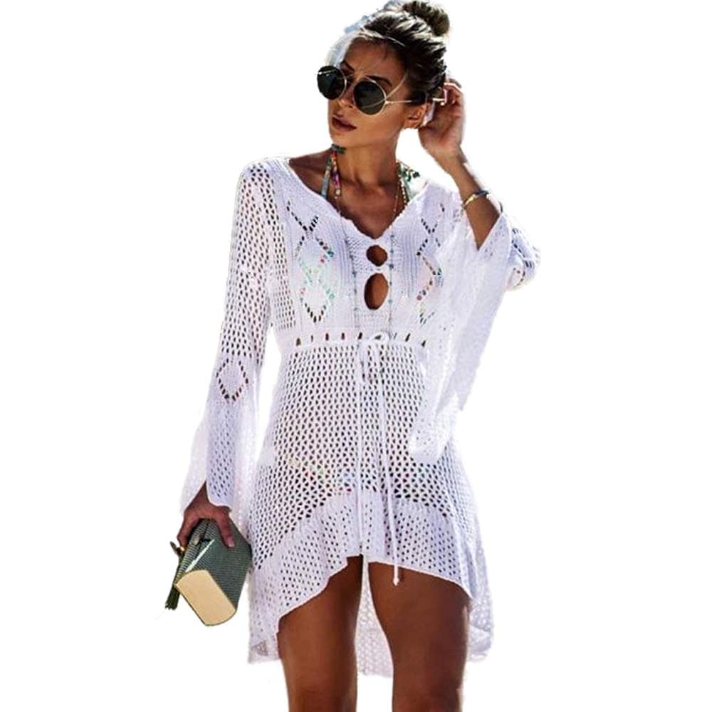 Women Swimsuit Cover Up Dress Lace Long Bathing Kimono Beach-wear Mini Crochet Stripe Cardigan White Tassel Skirt, Back V, One size