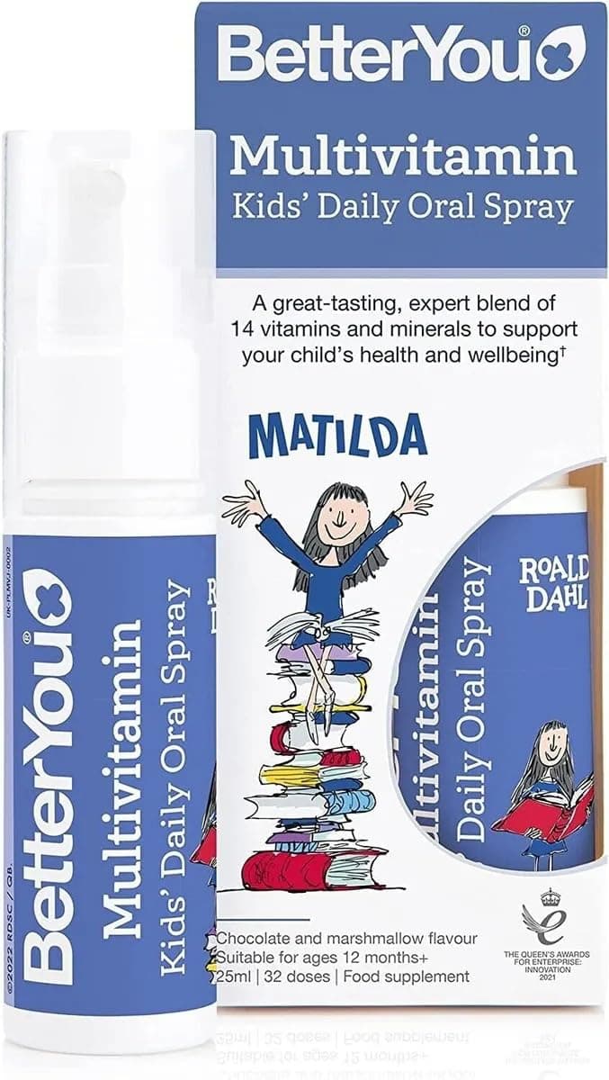 BetterYou Multivitamin Kids Oral Spray, Vitamin Supplement, Sugar Free Chocolate and Marshmallow Flavour, 1-Month Supply, Tablets and Gummies Free Vitamin