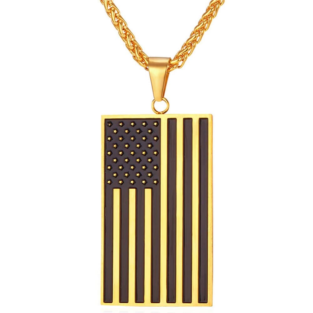 ECOFRDUSA Flag American Style Jewelry 18K Gold Plated Stainless Steel Rectangle Pendant Necklace