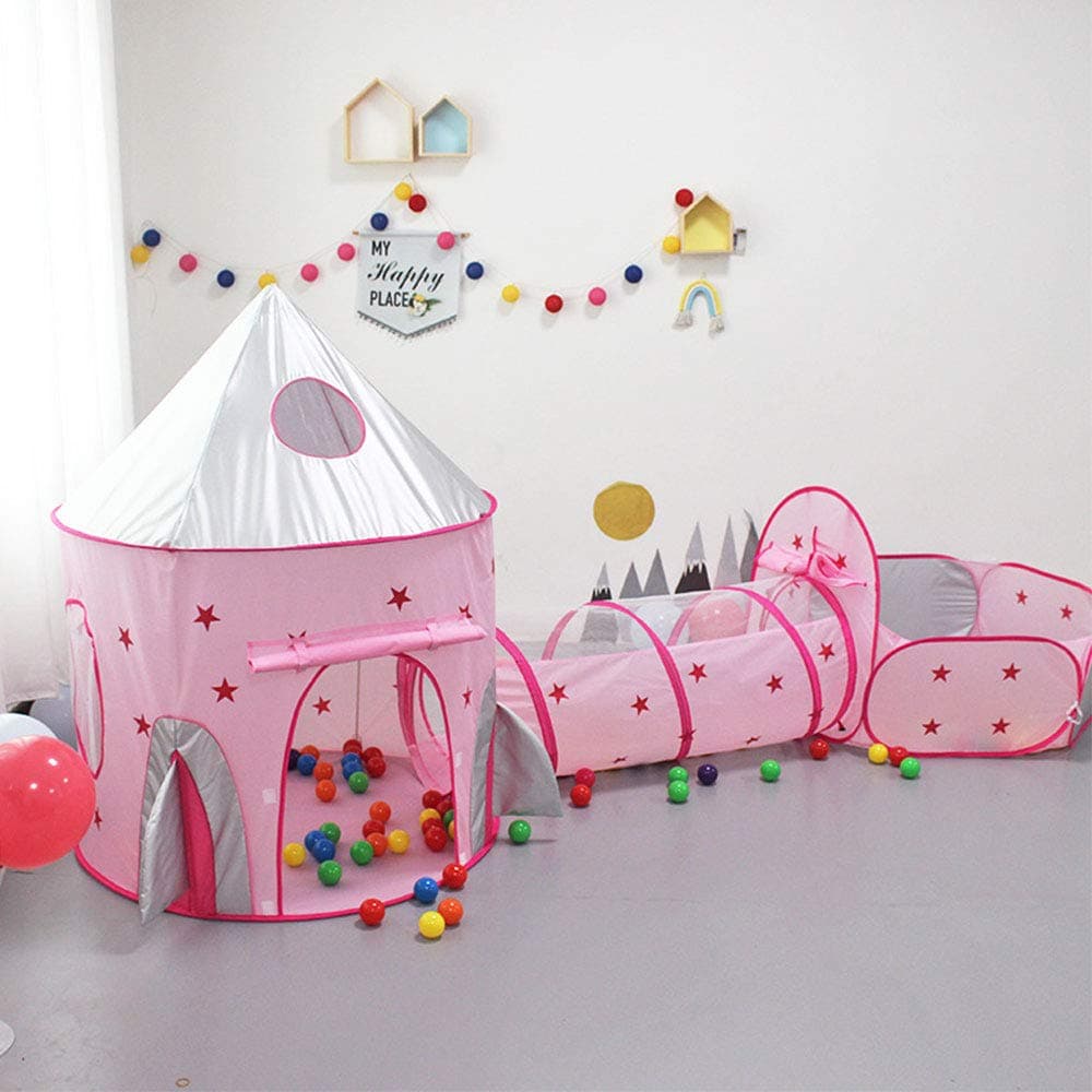 TKAS Kid Play Tent Crawl Tunnel Ball Pit Basketball Hoop Rocket Ship Indoor Outdoor Children Playhouse Playroom Castle Pink
