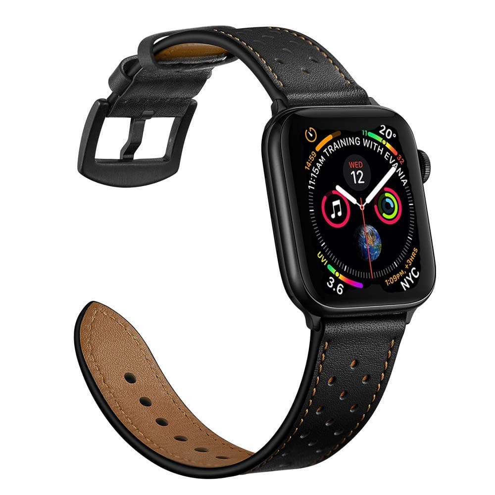 Mifa Premium Leather Band compatible with Apple Watch 7 45mm 6 SE 5 4 44mm 42mm Bands iwatch series 1 2 3 Nike Sports Replacement strap dressy classic buckle vintage Black Adapters