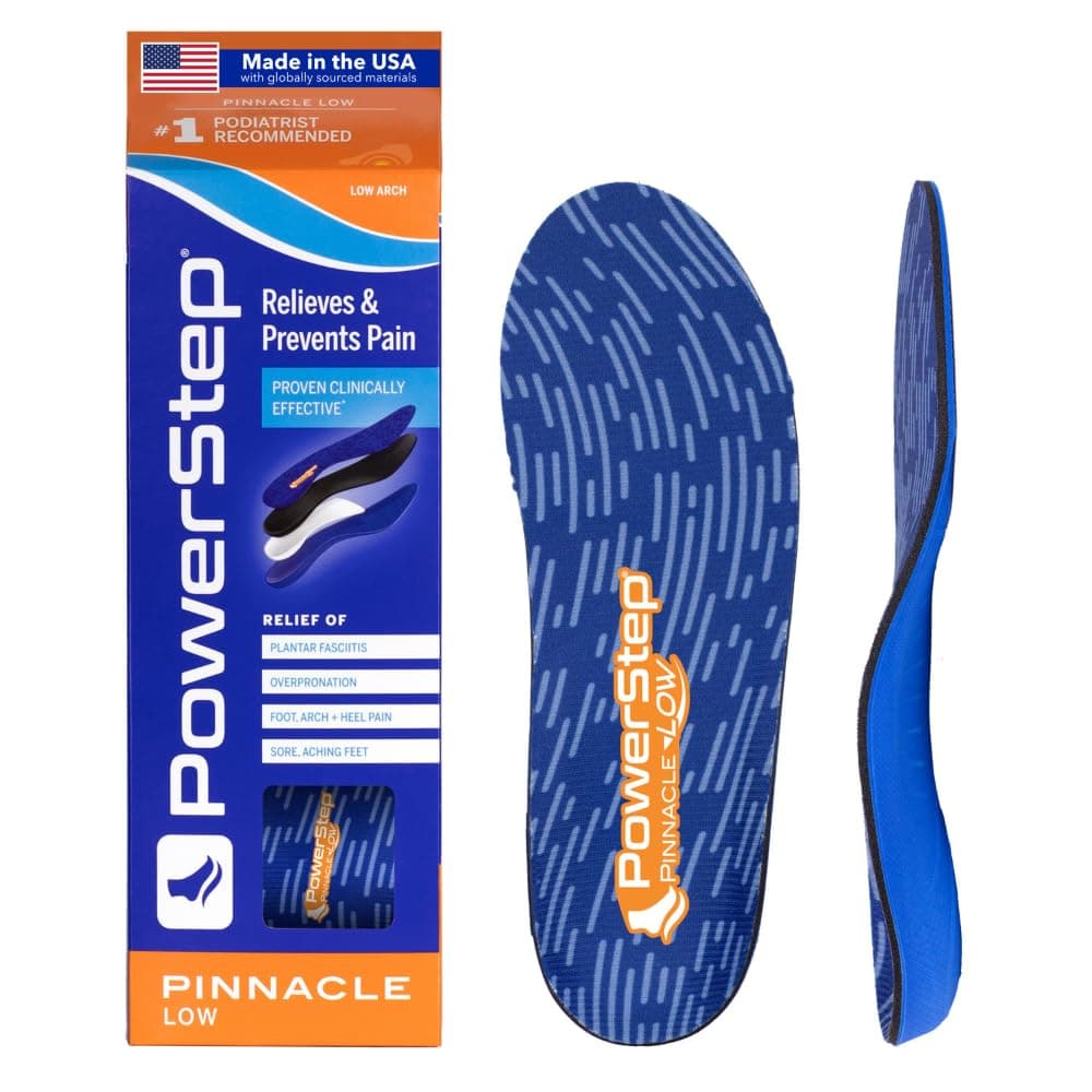 Pinnacle Low, PowerStep Insoles, Flat Feet, Plantar Fasciitis Relief, Overpronation, Arch Support, Heel Pain, All Day Comfort, Pain Relief, Made in USA