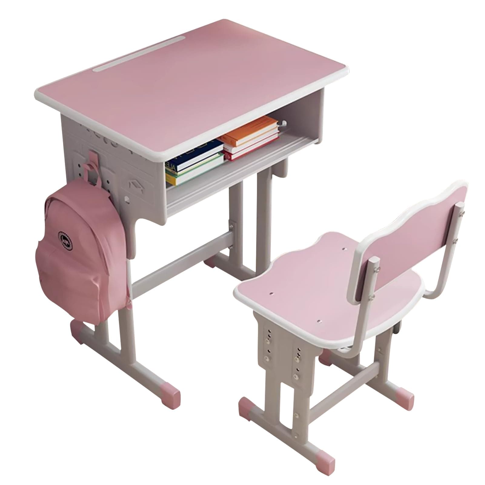 Beauenty Adjustable Height Kids Desk and Chair Set, Ergonomic Study Table with Storage, 4-Level Adjustable Writing Desk for Children, Sturdy Desk and Chair, Ideal for Home, School (Pink)