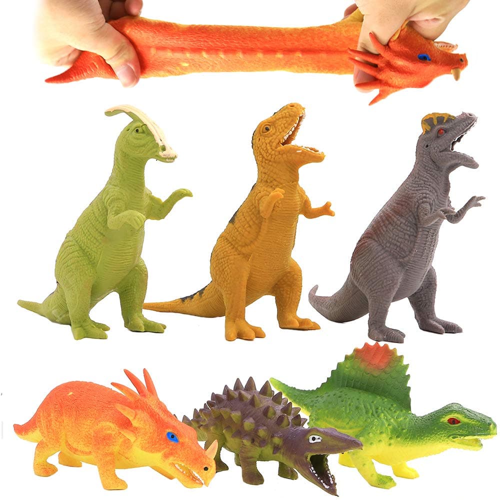 ValeforToy Dinosaur Toy,8 inch Rubber Dinosaur Set(6 Pack),Food Grade Material TPR Super Stretches,with Gift Bag and Learning Study Card, Realistic Dinosaur Figure Squishy Toy for Boy Kid Party Favor