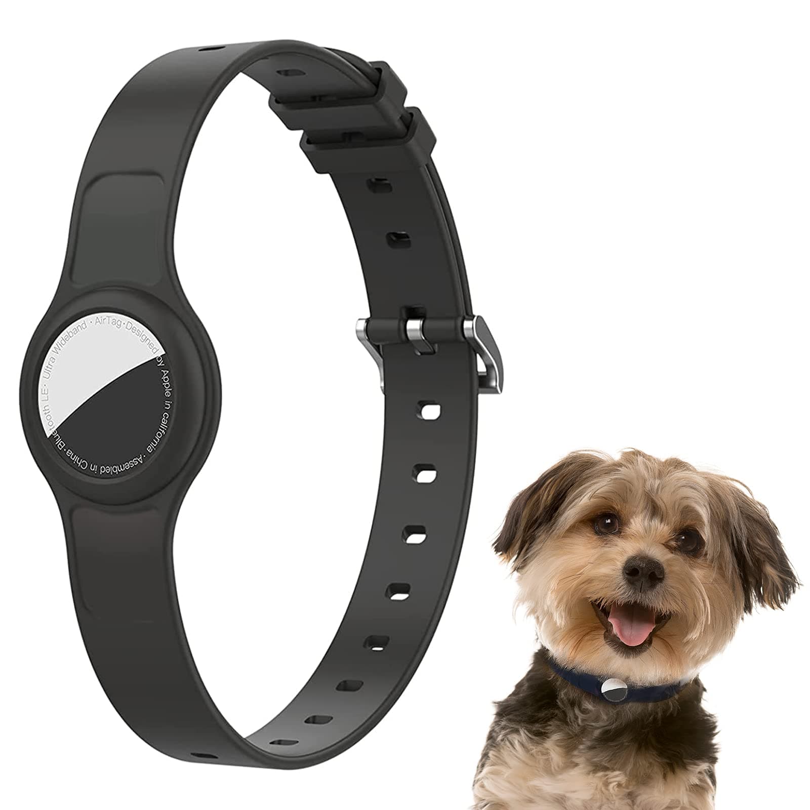 GENREEN Airtag Dog Collar with Keychain, Air Tag Silicone Holder for Cat,Anti-Lost Adjustable AirTags Pet Case Key Ring Compatible with Apple AirTag 2021 Accessories, Black