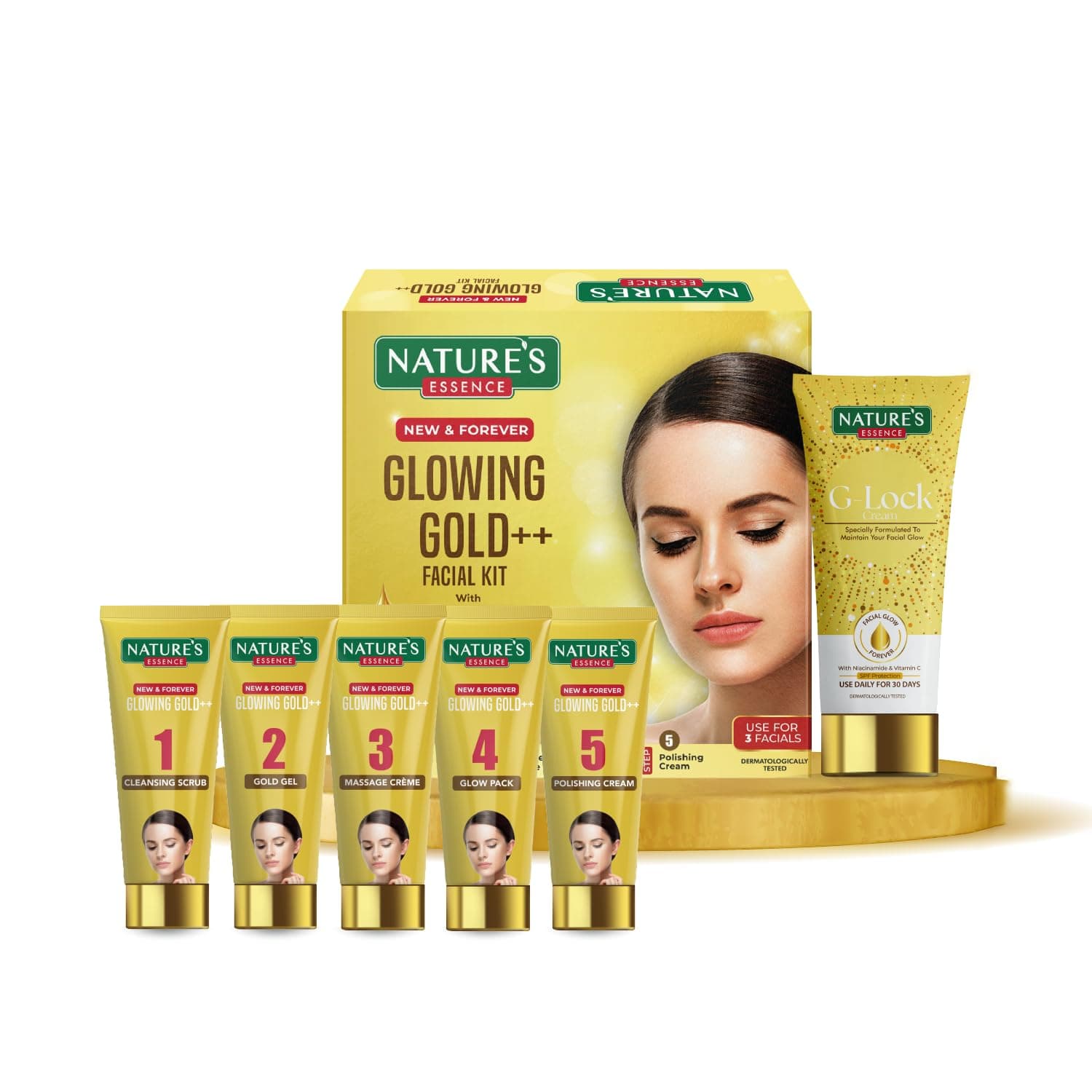 Nature's Essence Glowing Gold++ Facial Kit for Women| For Bright & Glowing Skin Infused with 24K Real Gold & Saffron| Get Parlour Like Glow in 30 Mins| Dermatologically Tested| Free G-Lock Cream|100gm