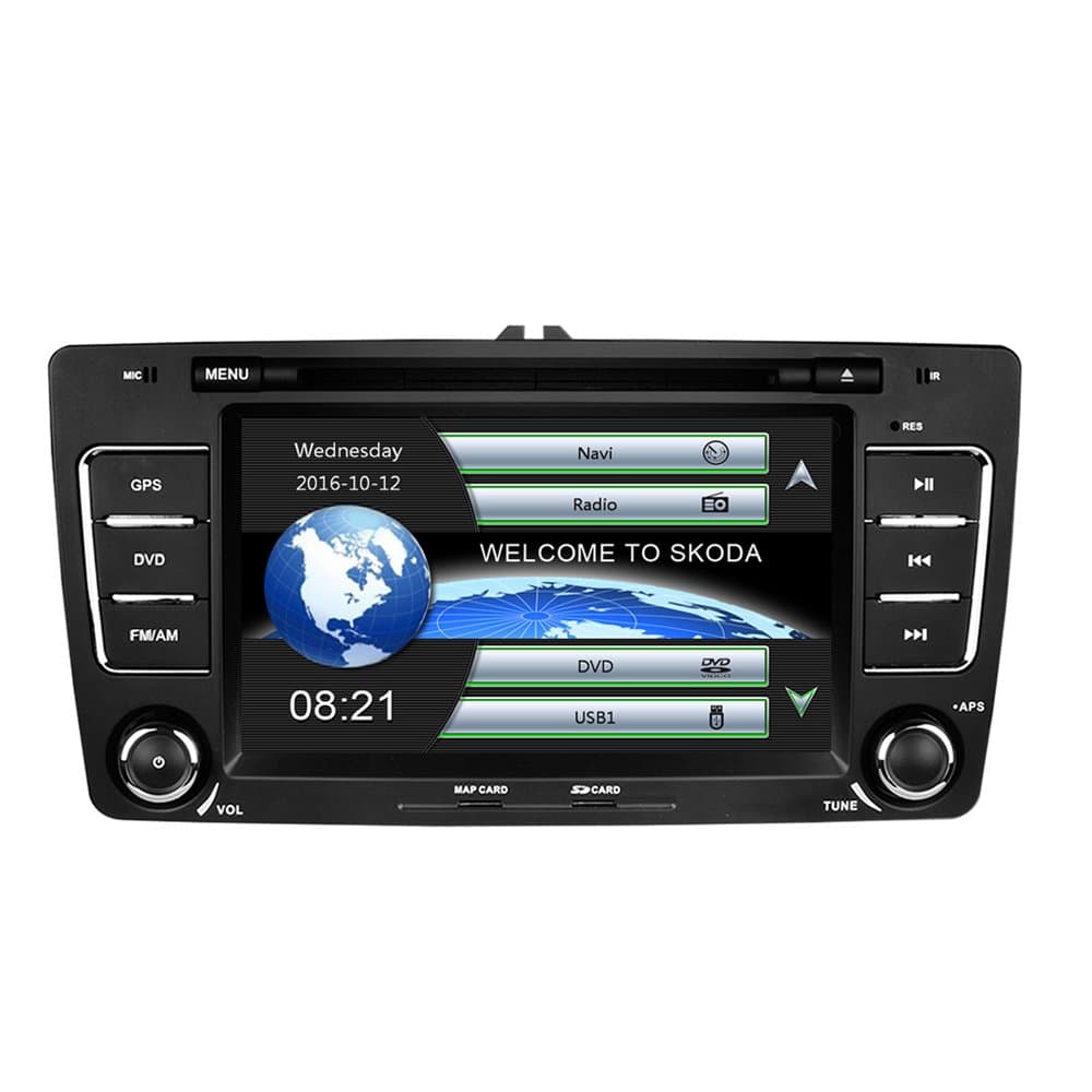 AUMUME 7 Inch 2 Din Car Stereo for Skoda Octavia 2009-2013 with Wince System DVD Player GPS Navigation Sat Nav FM AM Radio Bluetooth USB SD Support Steering Wheel Control 1080P Video 8 GB Map Card