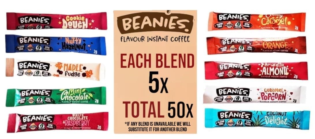 Beanies Flavoured Instant Coffee Sticks Variety Pack – 50 Sachets, 10 Different Blends (5 of Each Flavour) – Sugar Free, Low Calorie, Vegan Instant Coffee Sticks