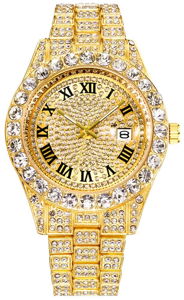 Hip Hop Watches for Men Iced-Out Bling Diamond Luxury Quartz Watches with Date