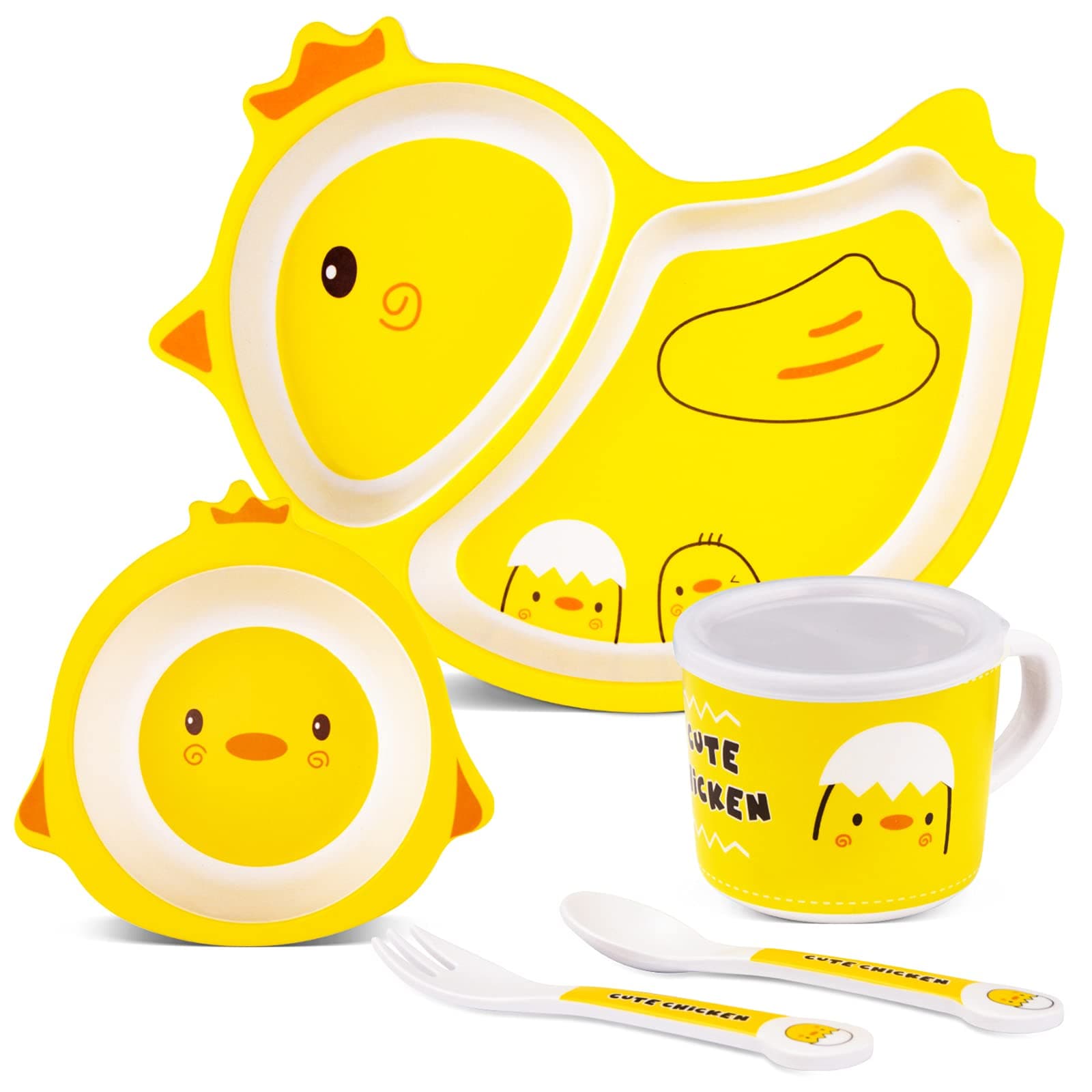 5Pcs/Set Bamboo Tableware Set Dinner Meal Set for Toddlers, Kids Dinnerware Set - Plate Bowl Cup Fork & Spoon Utensil Flatware - Eco Friendly and Dishwasher Safe