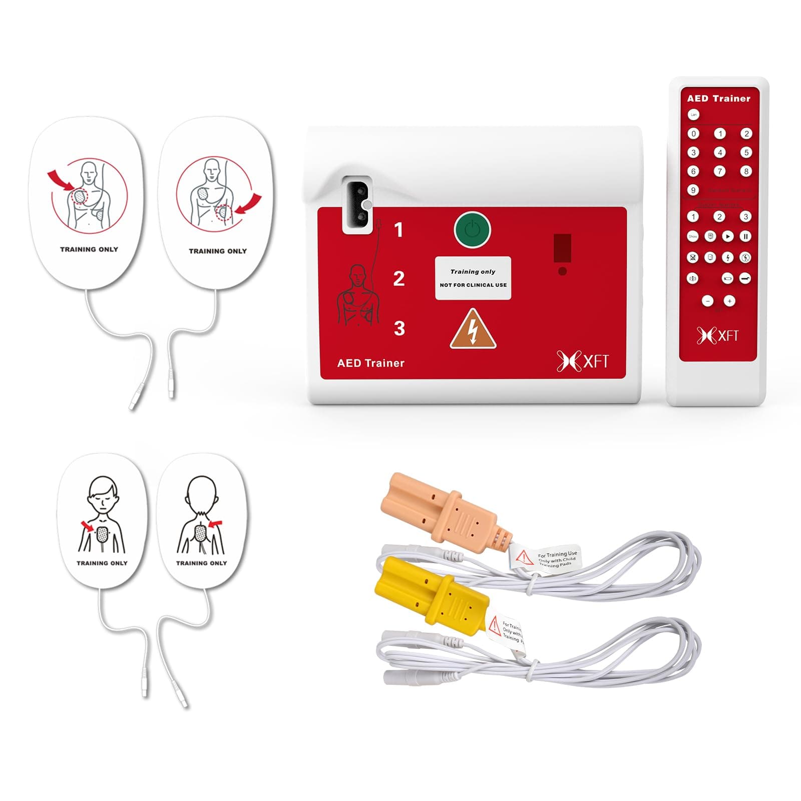 AED Trainer, Portable Defibrillator Trainer Set CPR Training Device with Remote Control, English and German Voice Prompts, 10 Different Scenarios, First Aid Defibrillator Trainee Beginner (XFT 120C)
