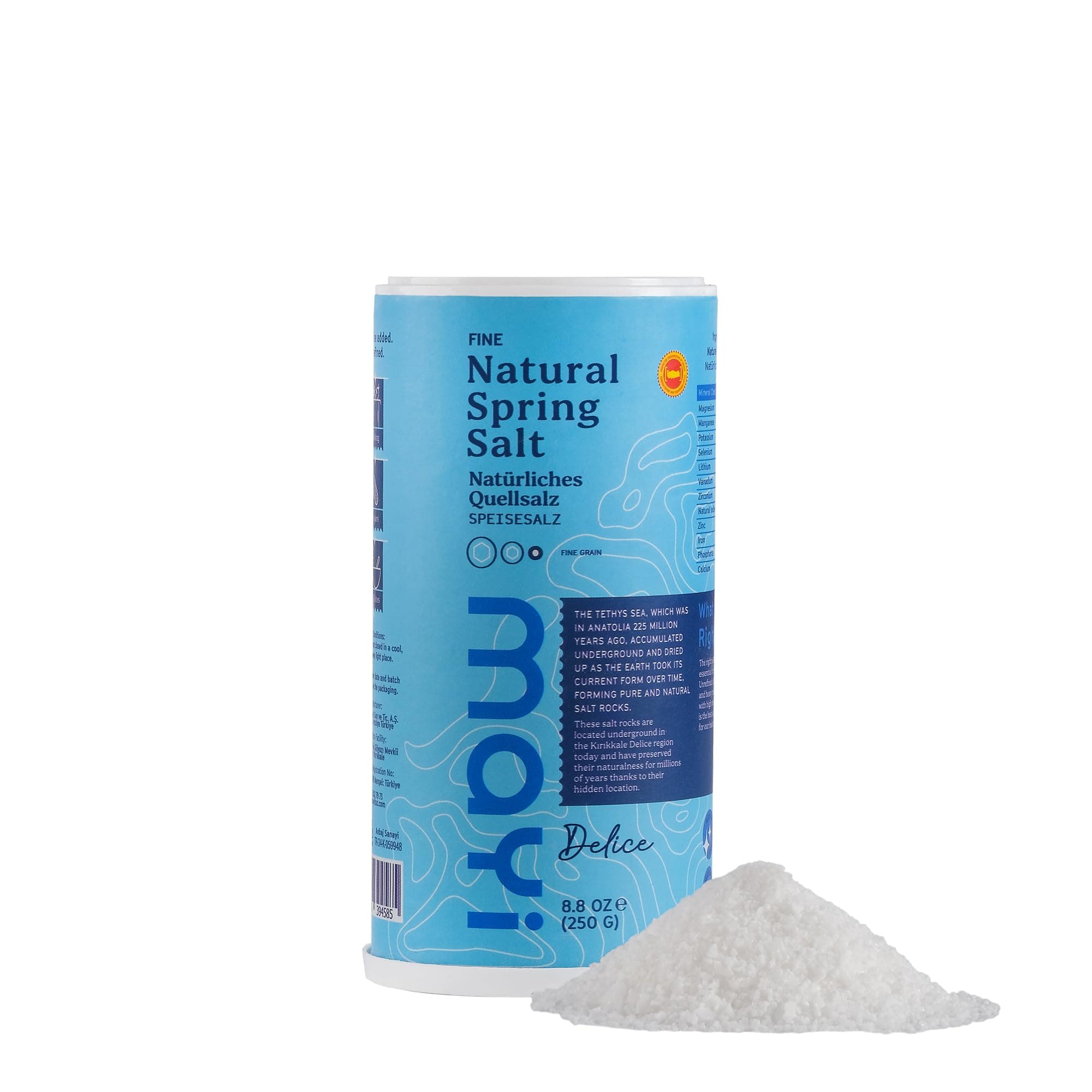 MAYİ Ancient Natural Spring Fine Ground Salt Shaker 8.8 oz - Hand-Harvested, Kosher, Microplastic-Free, Mineral-Rich, Chemical-Free, Unrefined Healthy Salt, Cooking, Baking, Low Sodium Diets