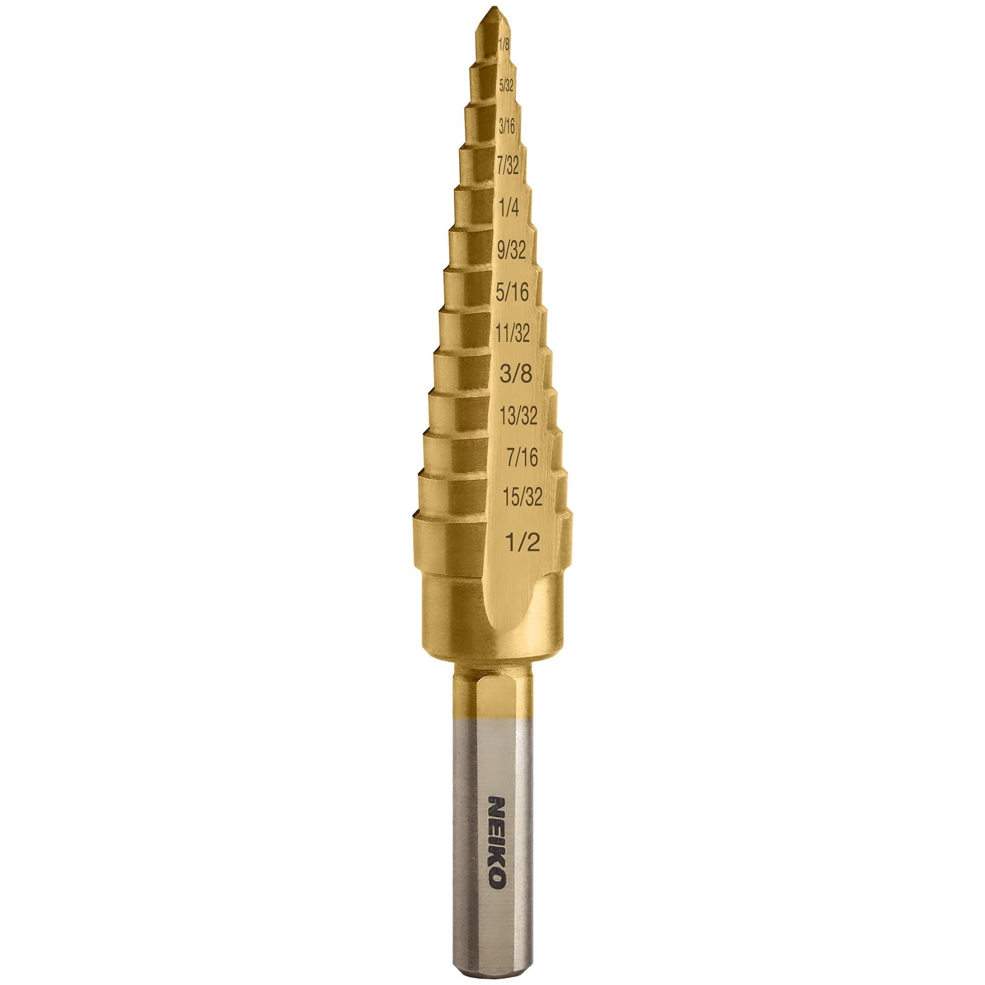 NEIKO 10182A Titanium Step Drill Bit | 13 Step Drill Bit Sizes 1/8 inch to 1/2 inch | High-Speed Steel and Titanium Nitride Coating | Two-Flute Design