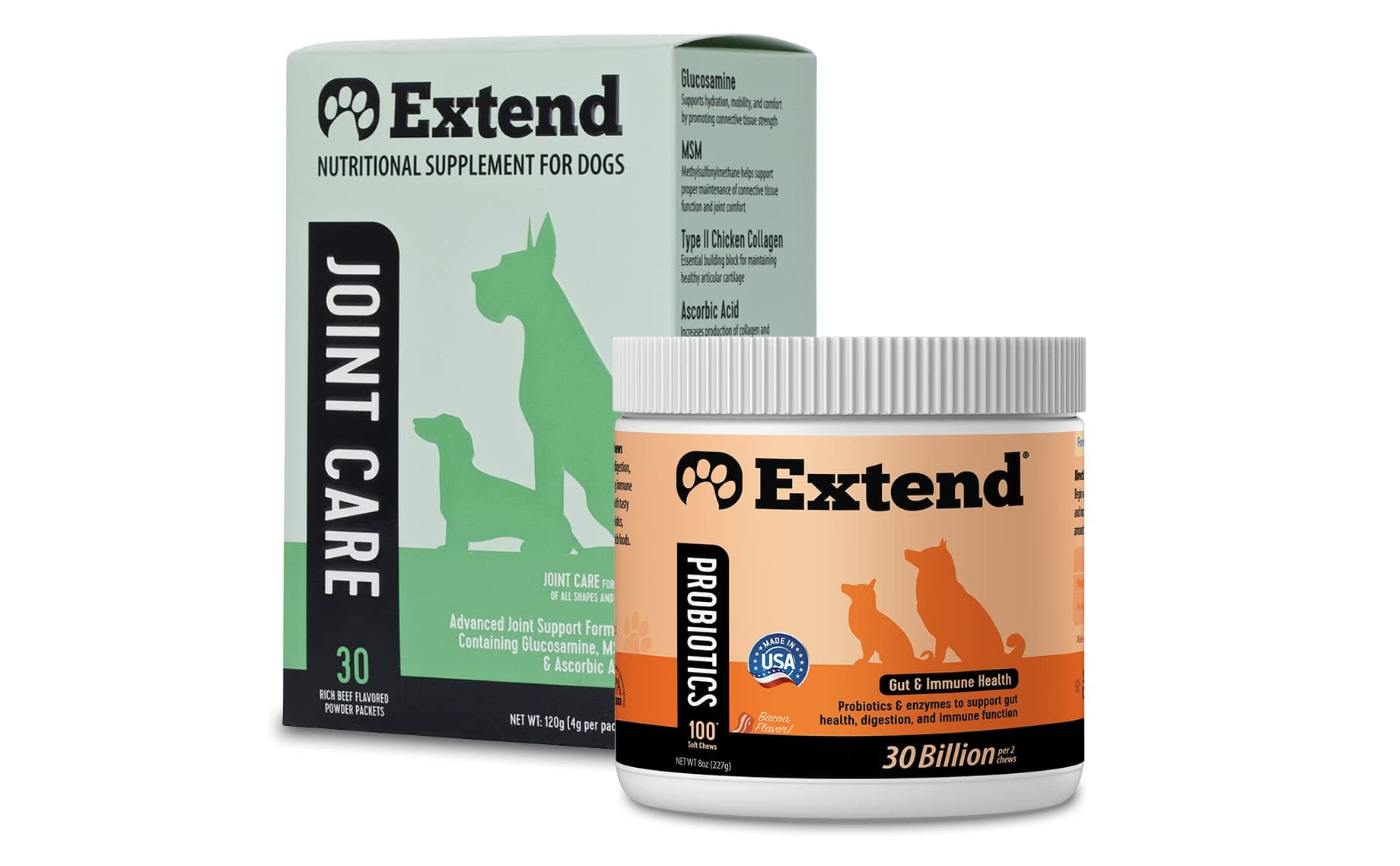 - Extend Dog Joint Care Supplement (30 Count) + Probiotics Soft Chews (100 Count) | with Glucosamine, MSM, Type II Collagen Supports Hip, Joint, Gut & Immune Health - Made in USA